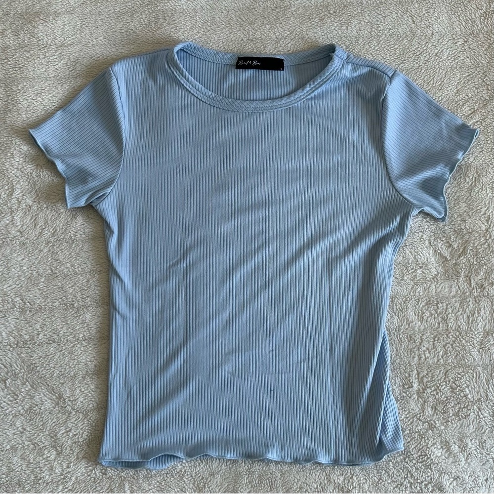 Light Blue Ribbed Short Sleeve Tee Fall Back To School
